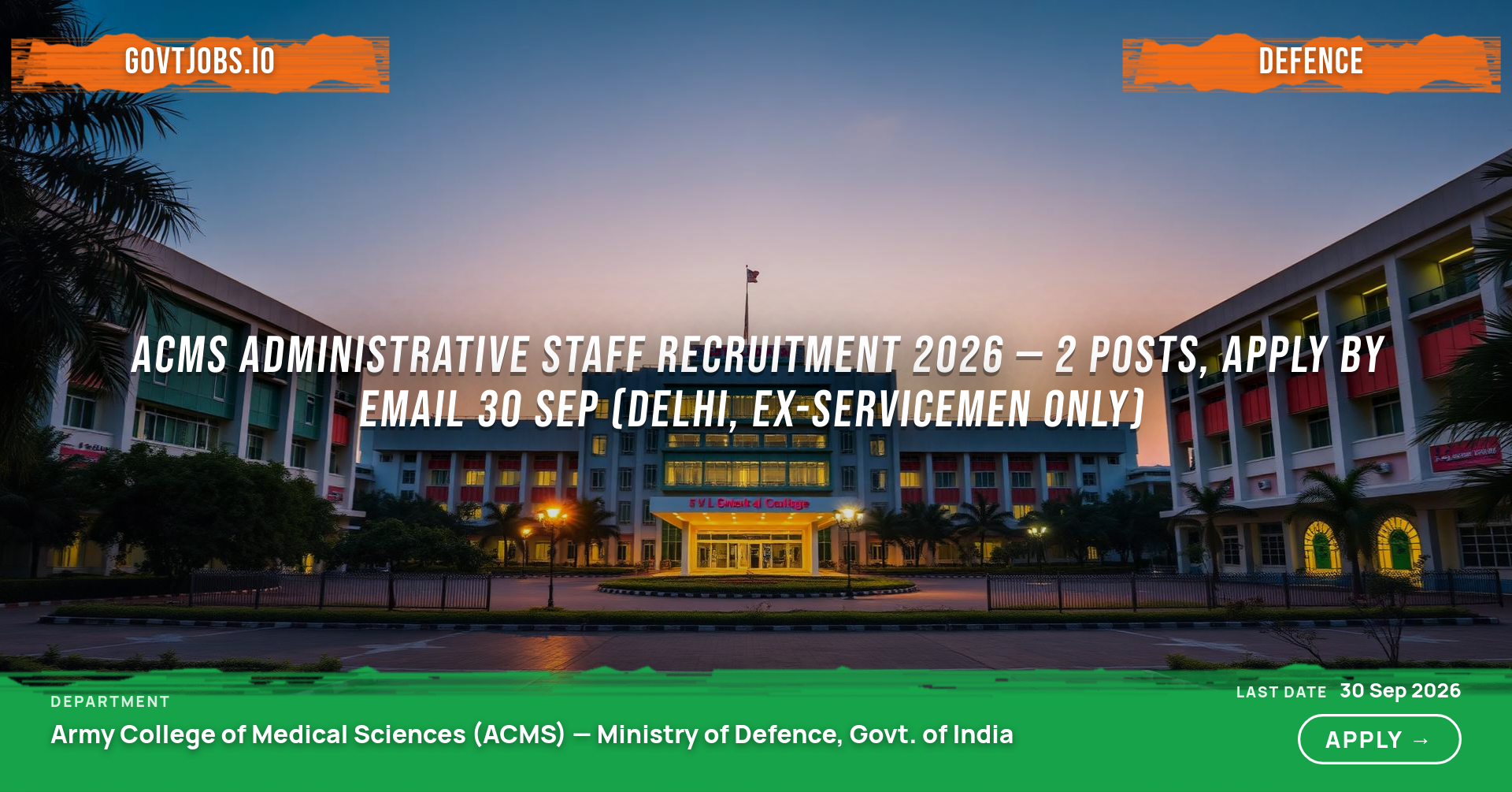 ACMS Administrative Staff Recruitment 2026 — 2 Posts, Apply by Email 30 Sep (Delhi, Ex-Servicemen Only)