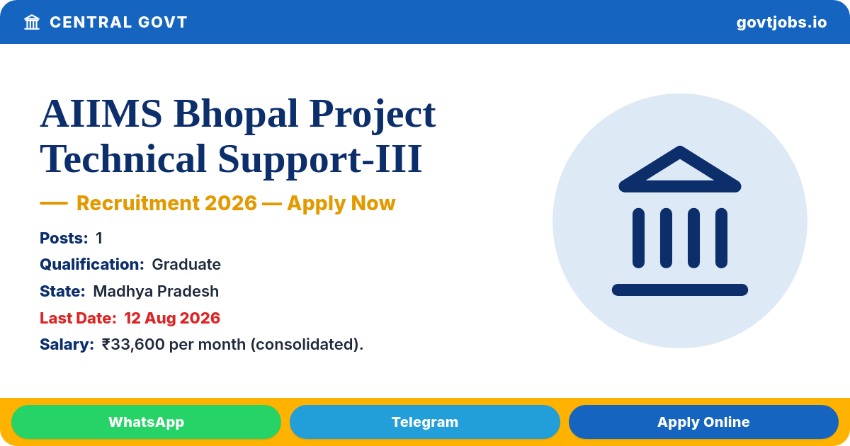 AIIMS Bhopal Project Technical Support-III Recruitment 2026 — 1 Post, Walk-in on 12 August (Madhya Pradesh)