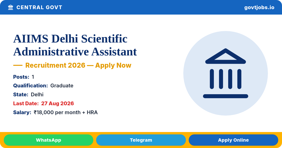 AIIMS Delhi Scientific Administrative Assistant Recruitment 2026 — 1 Post, Apply by 27 Aug (Delhi)