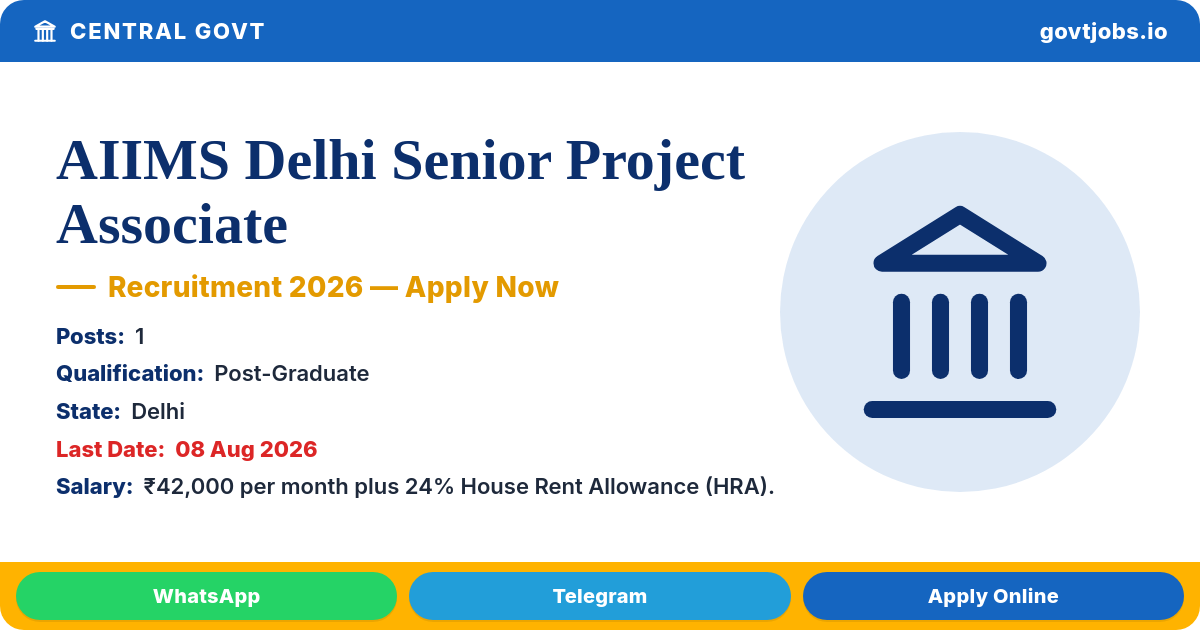 AIIMS Delhi Senior Project Associate Recruitment 2026 — 1 Post, Apply by 08 August (Delhi)