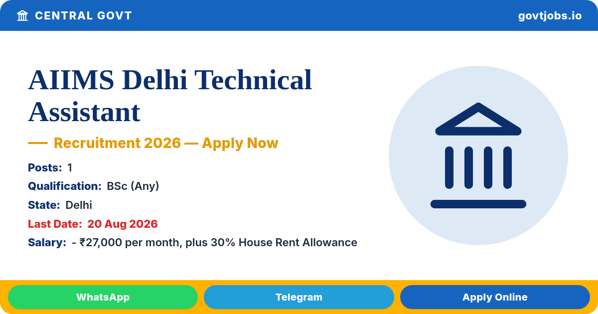 AIIMS Delhi Technical Assistant Recruitment 2026 — 1 Post, Apply by 20 Aug (Delhi)
