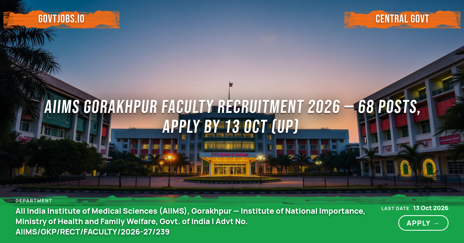 AIIMS Gorakhpur Faculty Recruitment 2026 — 68 Posts, Apply by 13 Oct (UP)