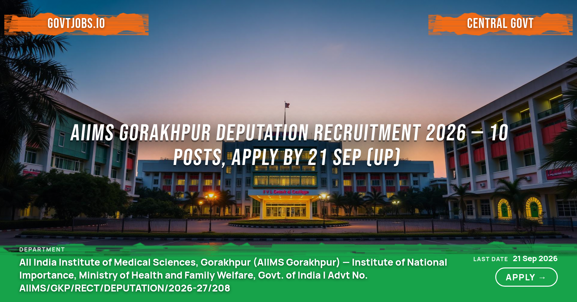AIIMS Gorakhpur Deputation Recruitment 2026 — 10 Posts, Apply by 21 Sep (UP)