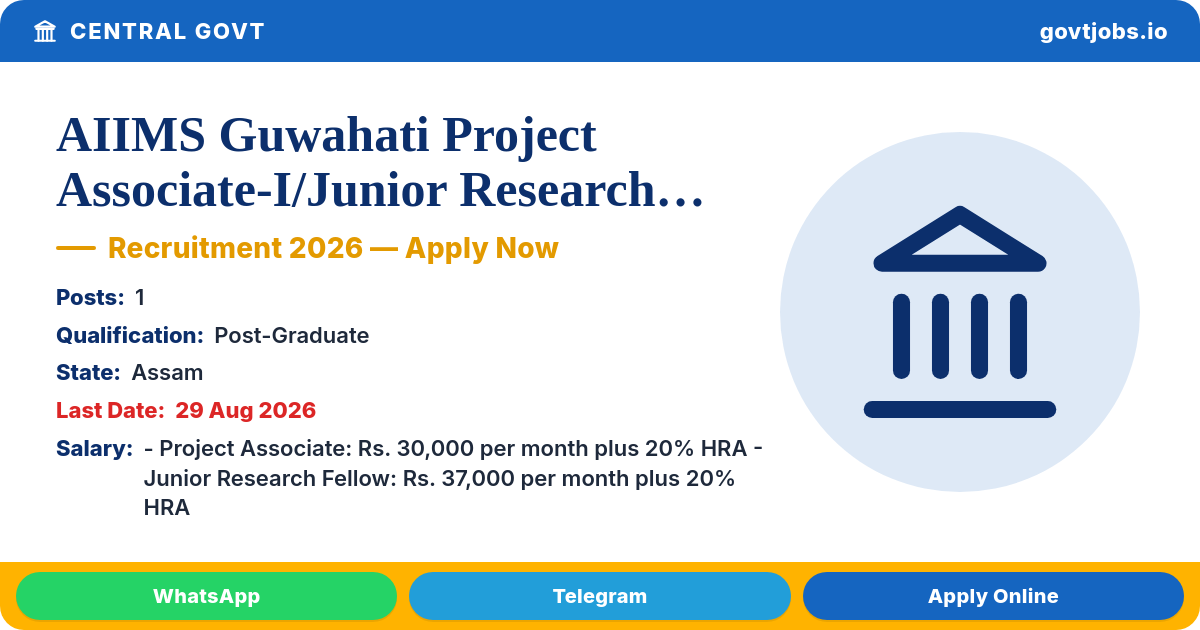 AIIMS Guwahati Project Associate-I/Junior Research Fellow Recruitment 2026 – 1 Post