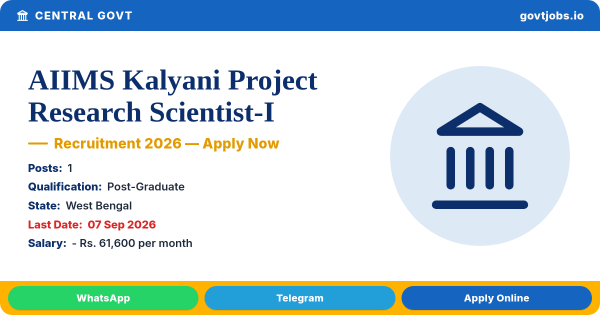 AIIMS Kalyani Project Research Scientist-I Recruitment 2026 — 1 Post, Apply by 07 Sep