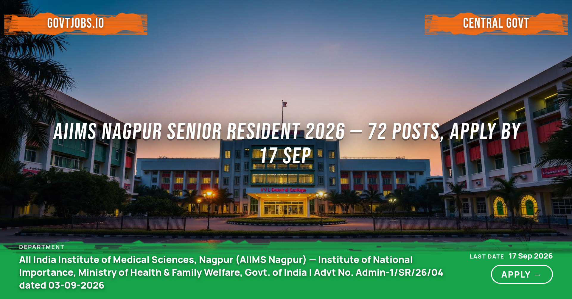AIIMS Nagpur Senior Resident 2026 — 72 Posts, Apply by 17 Sep