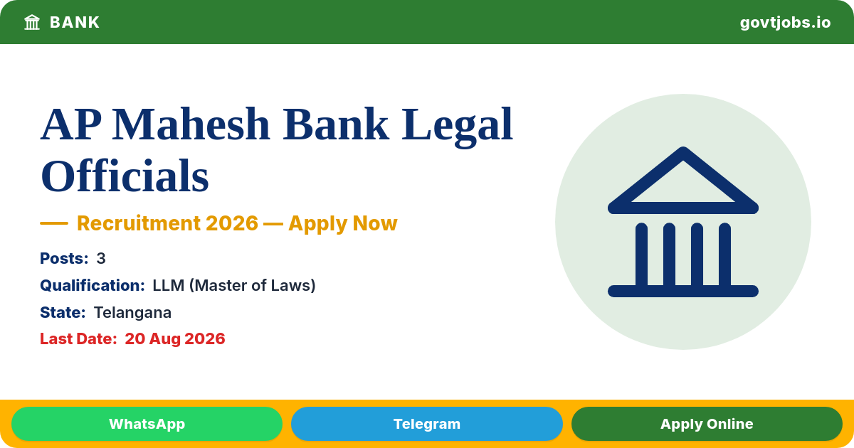 AP Mahesh Bank Legal Officials 2026 — 3 Posts, Apply by 20 Aug
