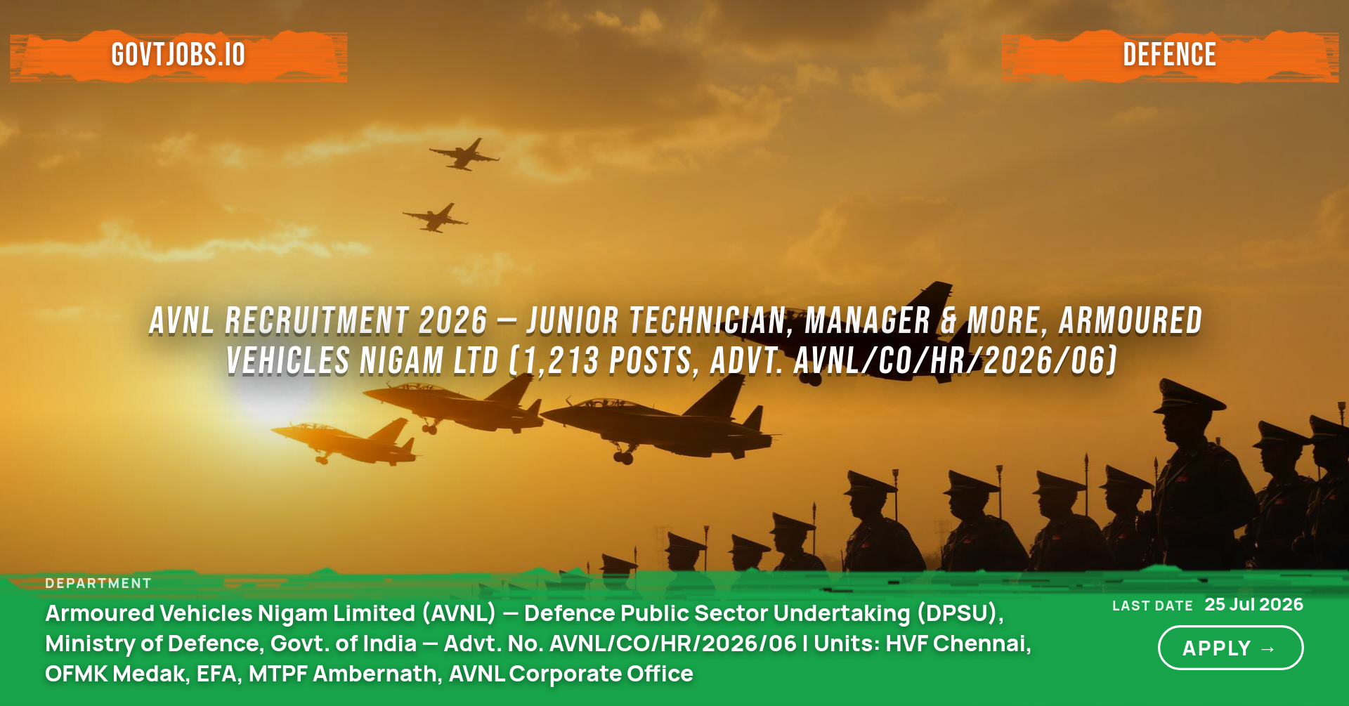AVNL Recruitment 2026 — Junior Technician, Manager & More, Armoured Vehicles Nigam Ltd (1,213 Posts, Advt. AVNL/CO/HR/2026/06)