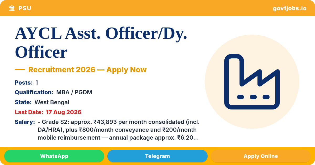 AYCL Asst. Officer/Dy. Officer (P&A) Recruitment 2026 — 1 Post, Apply by 17 Aug (WB)