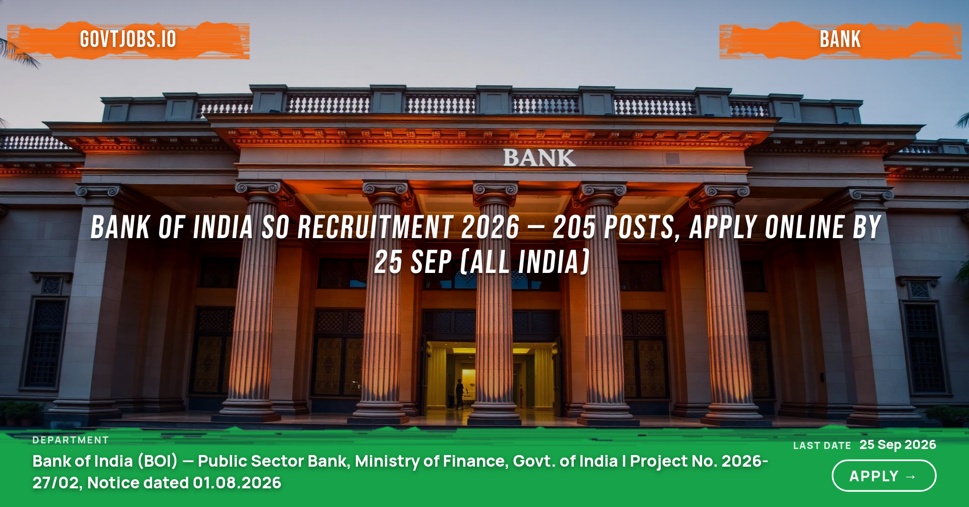 Bank of India SO Recruitment 2026 — 205 Posts, Apply Online by 25 Sep (All India)