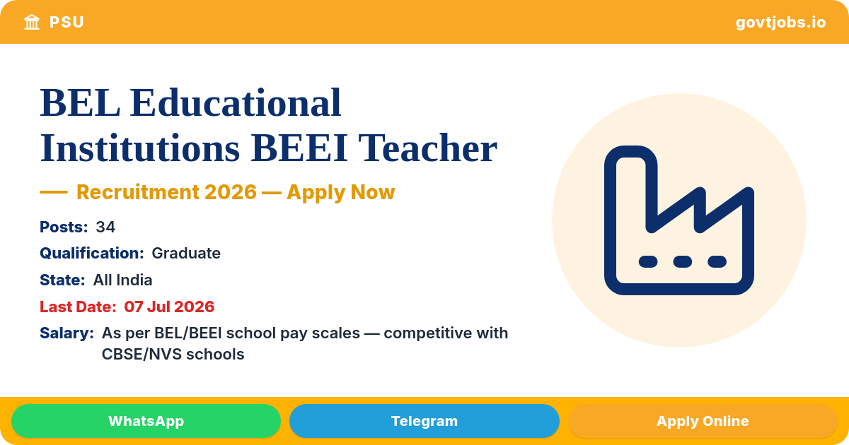 BEL Educational Institutions BEEI Teacher 2026 — Bharat Electronics Schools (34 Posts)