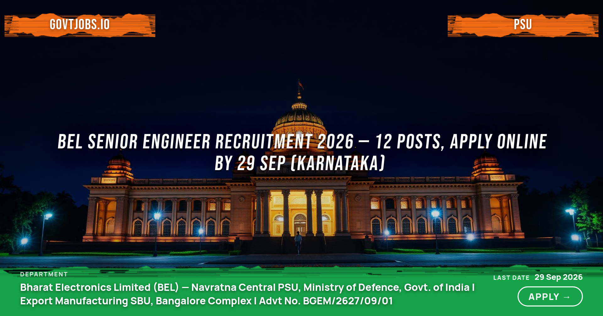 BEL Senior Engineer Recruitment 2026 — 12 Posts, Apply Online by 29 Sep (Karnataka)