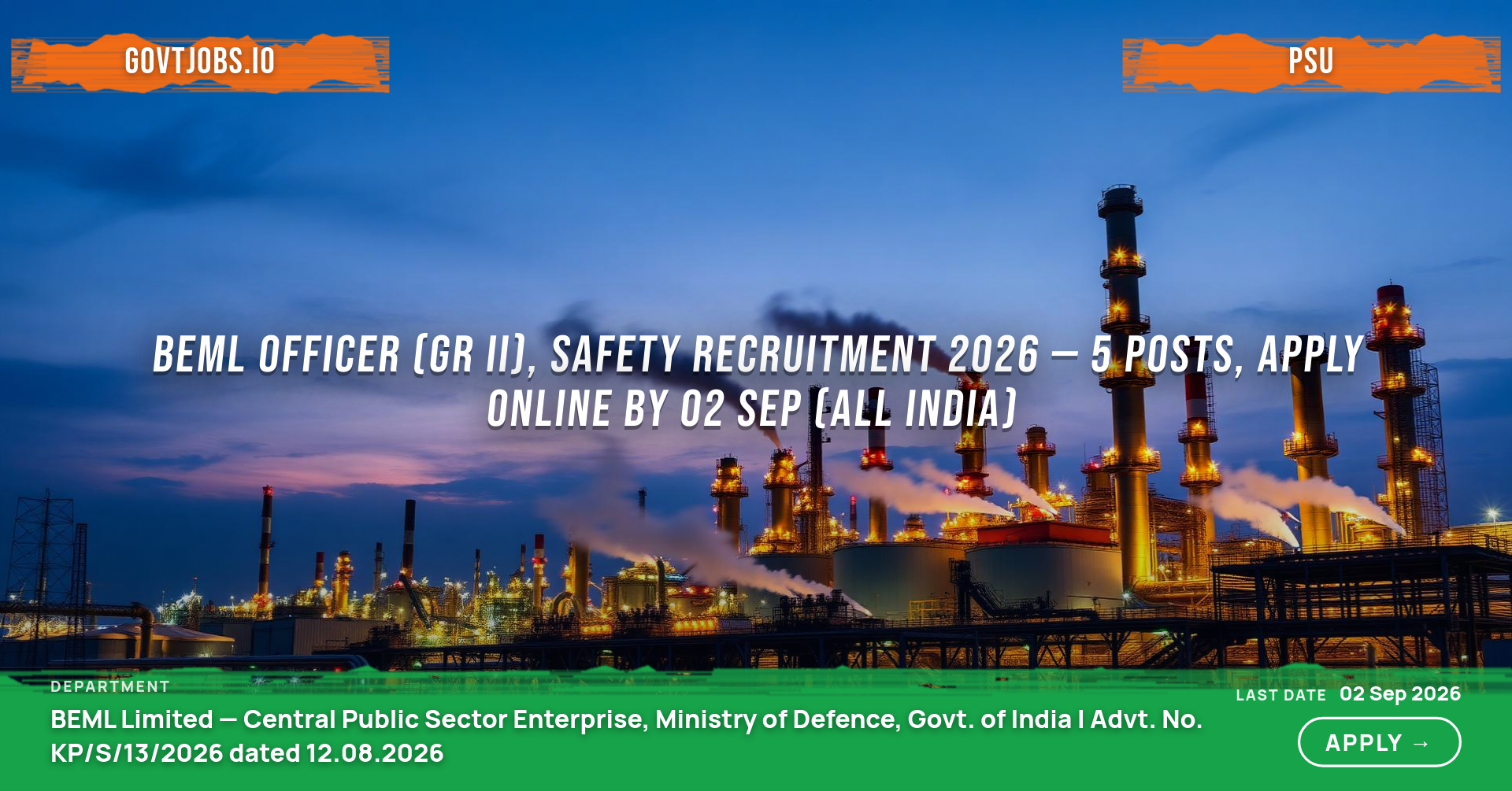 BEML Officer (Gr II), Safety Recruitment 2026 — 5 Posts, Apply Online by 02 Sep (All India)