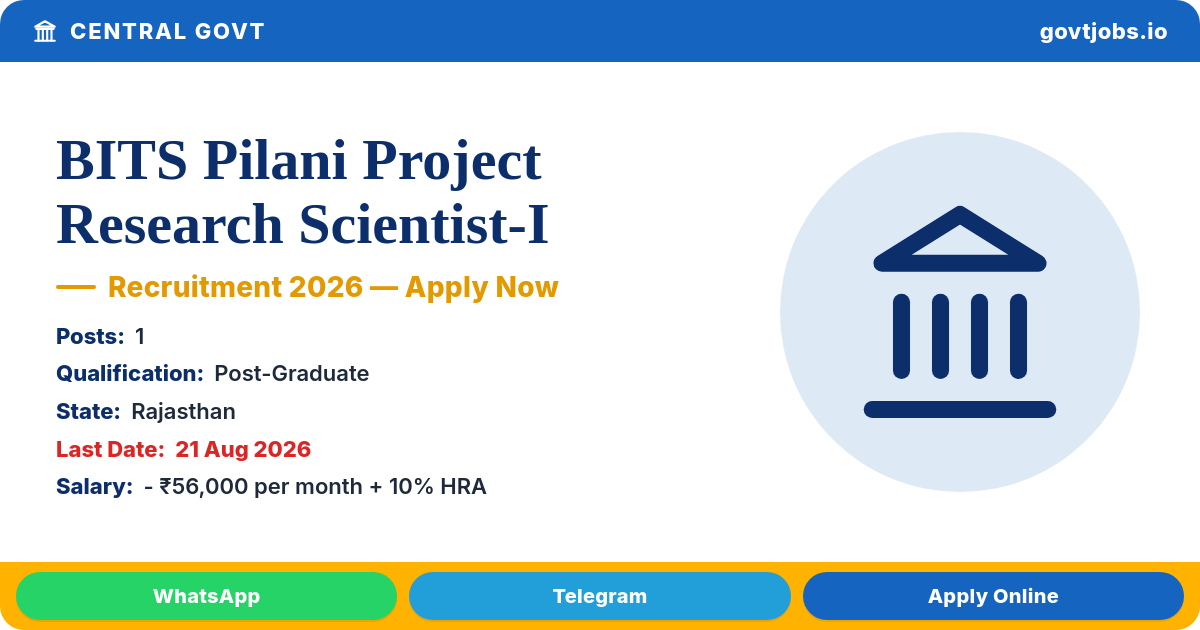BITS Pilani Project Research Scientist-I (Non-Medical) Recruitment 2026 — 1 Post, Apply by 21 Aug