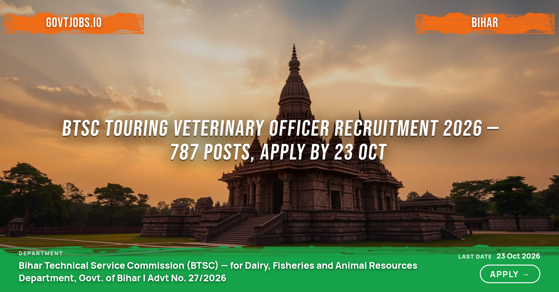 BTSC Touring Veterinary Officer Recruitment 2026 — 787 Posts, Apply by 23 Oct