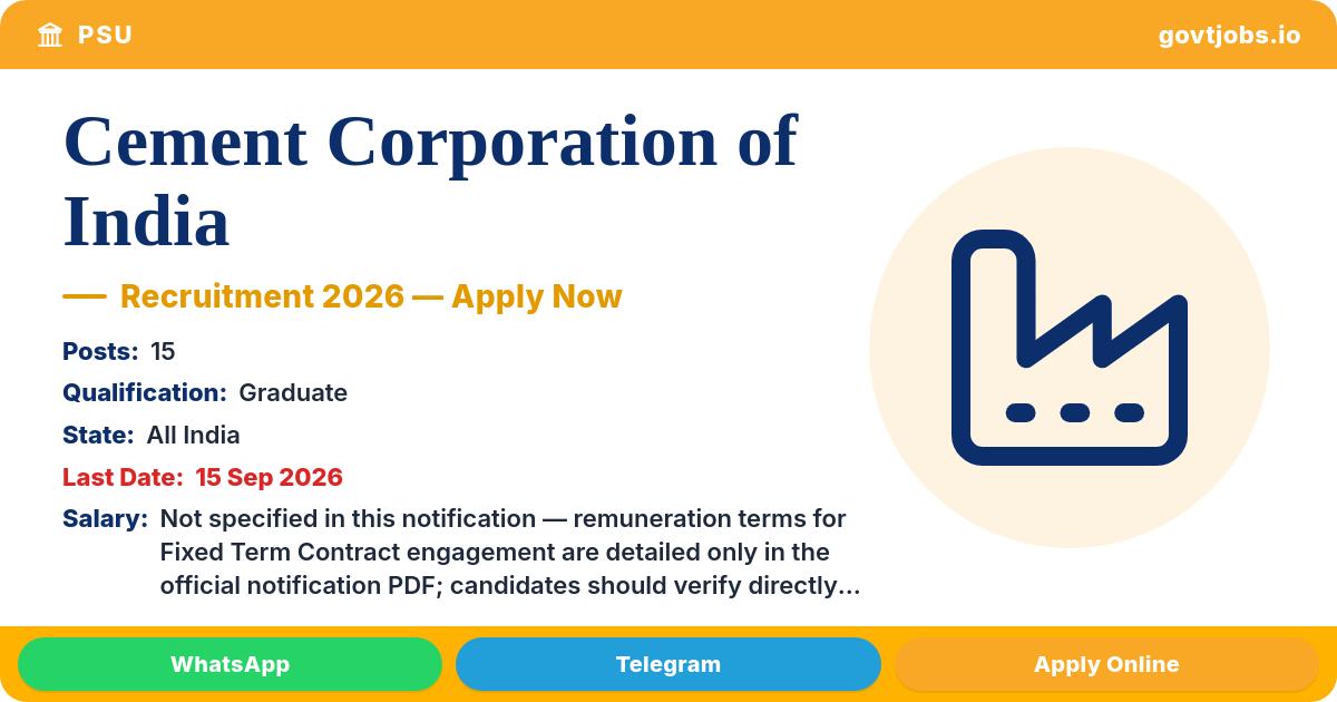Cement Corporation of India Recruitment 2026 — 15 Posts, Apply by 15 Sep (All India)