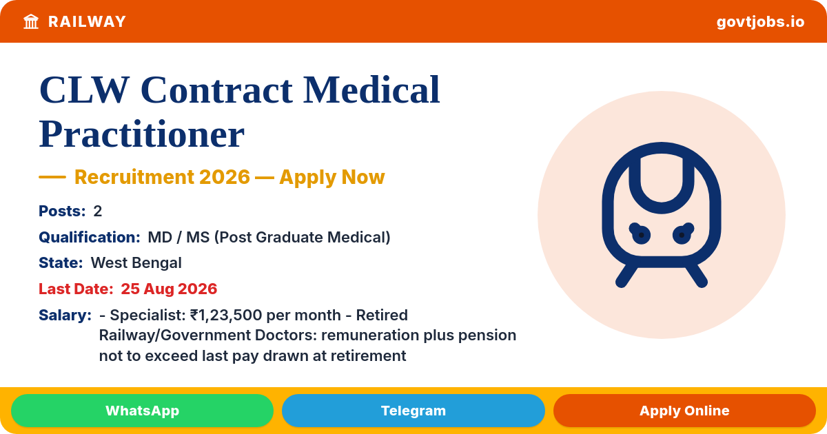 CLW Contract Medical Practitioner (Specialist) Recruitment 2026 — 2 Posts, Walk-in 25 Aug (WB)