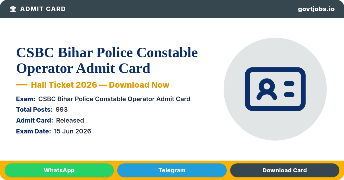 CSBC Bihar Police Constable Operator Admit Card 2026 — Exam on 28 June (993 Posts)