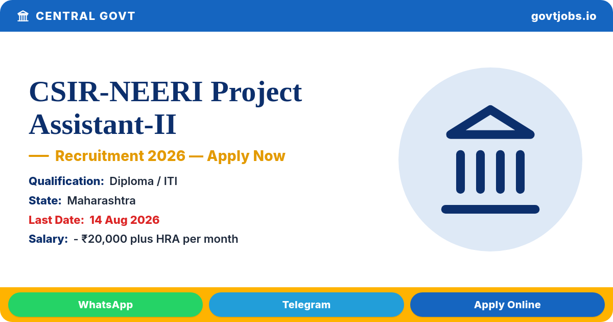 CSIR-NEERI Project Assistant-II Recruitment 2026 — 1 Post, Walk-in 14 Aug (Maharashtra)