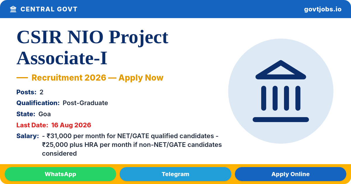 CSIR NIO Project Associate-I Recruitment 2026 — 2 Posts, Apply Online by 16 Aug (Goa)