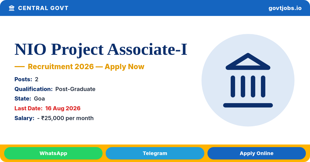NIO Project Associate-I Recruitment 2026 — 2 Posts, Apply Online by 16 Aug (Goa)