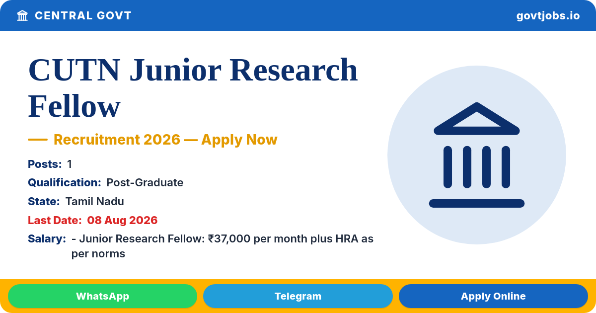 CUTN Junior Research Fellow Recruitment 2026 (Tamil Nadu)