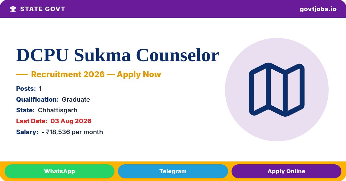 DCPU Sukma Counselor Recruitment 2026 — 1 Post, Apply Offline by 03 Aug (CG)