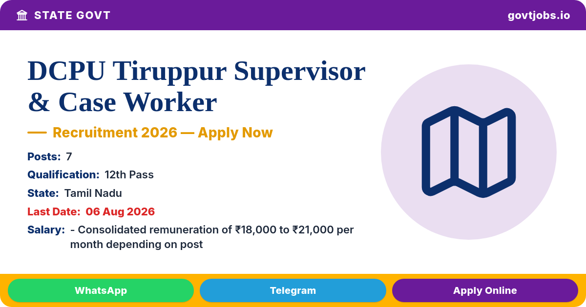 DCPU Tiruppur Supervisor & Case Worker Recruitment 2026 — 7 Posts, Apply Offline by 06 Aug (Tamil Nadu)