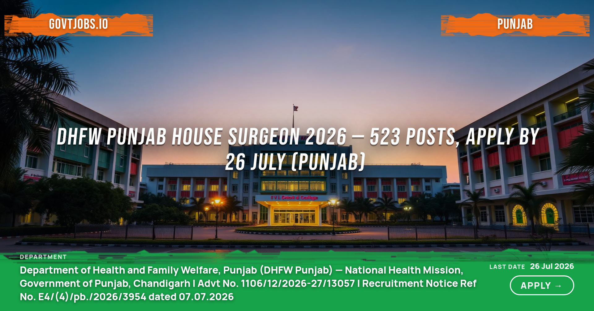 DHFW Punjab House Surgeon 2026 — 523 Posts, Apply by 26 July (Punjab)