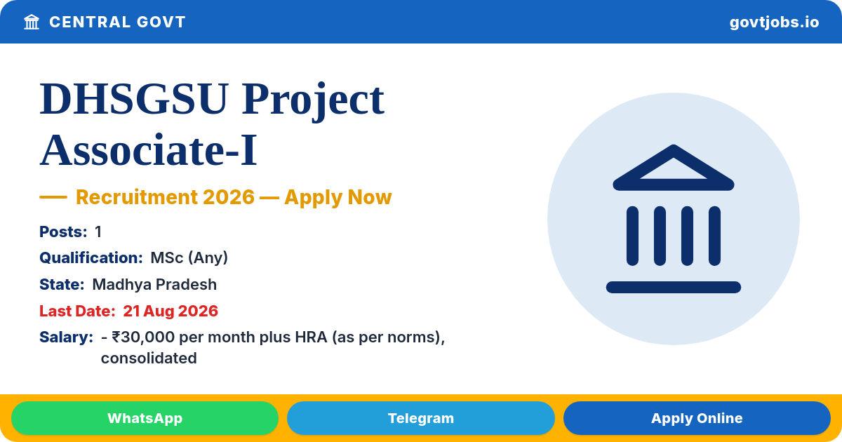DHSGSU Project Associate-I Recruitment 2026 — 1 Post, Apply by 21 Aug (Madhya Pradesh)
