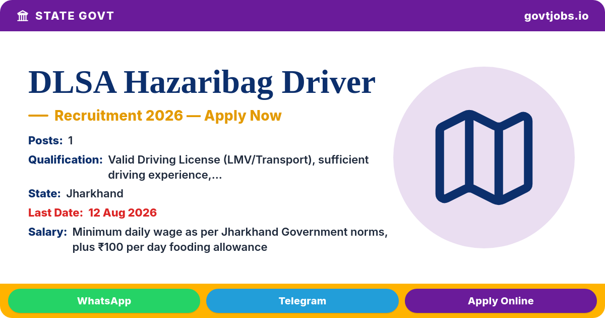 DLSA Hazaribag Driver Recruitment 2026 — 1 Post, Apply by 12 Aug (Jharkhand)