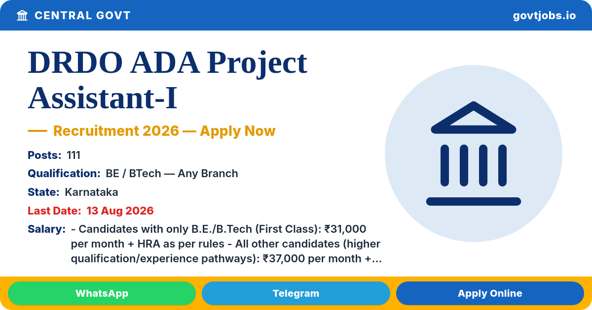 DRDO ADA Project Assistant-I Recruitment 2026 — 111 Posts, Apply by 13 Aug (Karnataka)