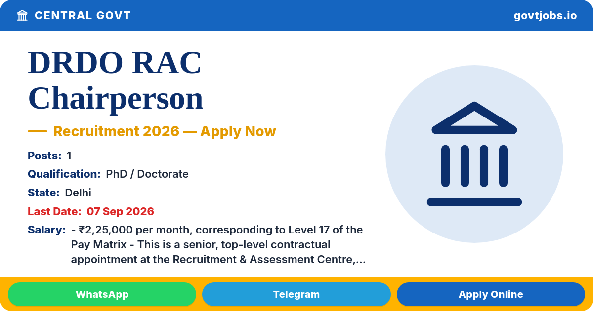 DRDO RAC Chairperson Recruitment 2026 — 1 Post, Apply Offline by 07 Sep (Delhi)