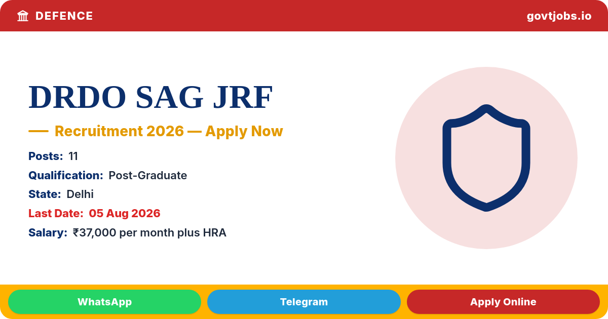 DRDO SAG JRF Recruitment 2026 — 11 Posts, Walk-in 05 Aug (Delhi)