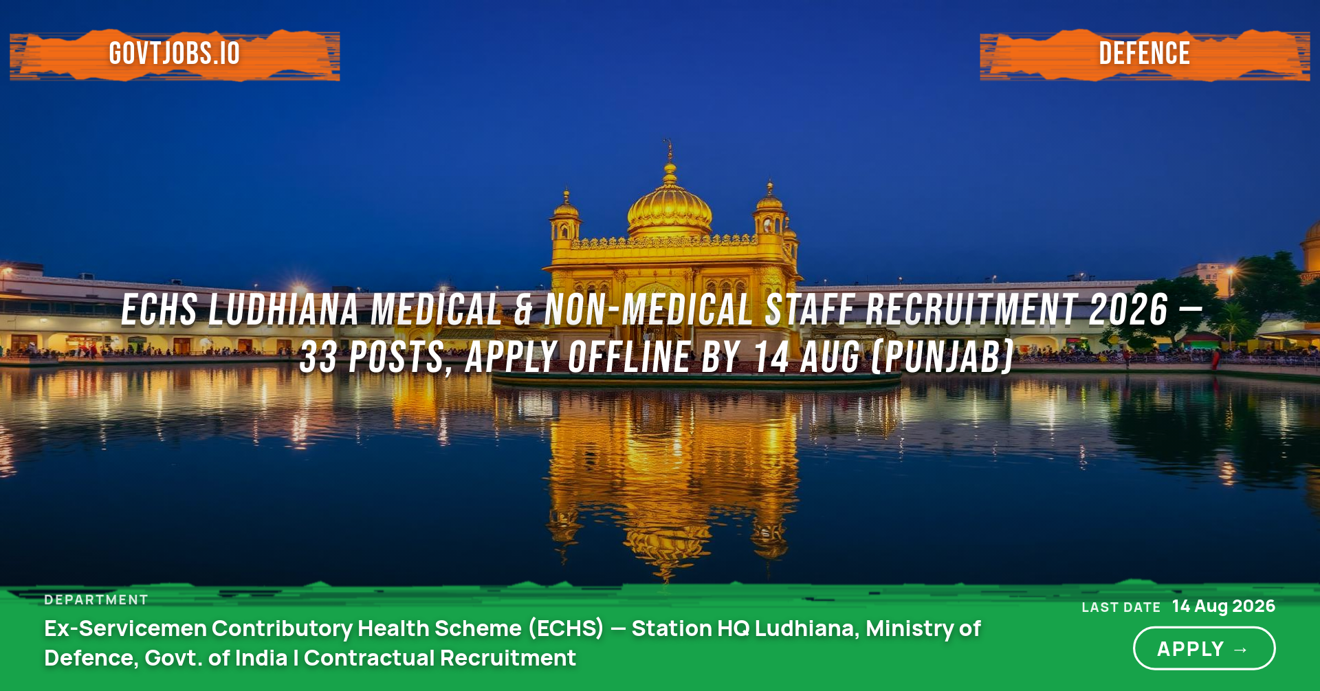 ECHS Ludhiana Medical & Non-Medical Staff Recruitment 2026 — 33 Posts, Apply Offline by 14 Aug (Punjab)