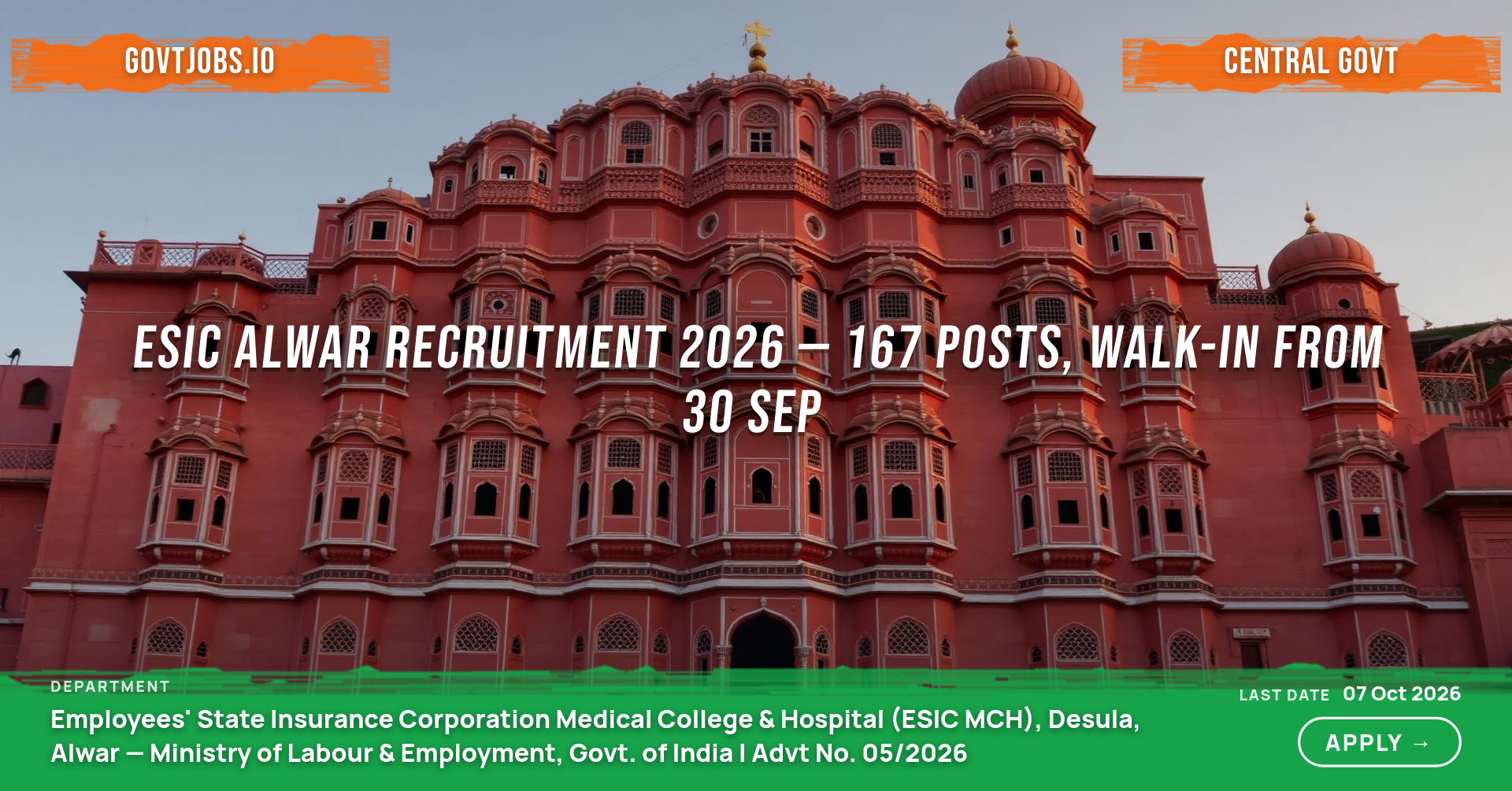 ESIC Alwar Recruitment 2026 — 167 Posts, Walk-in from 30 Sep