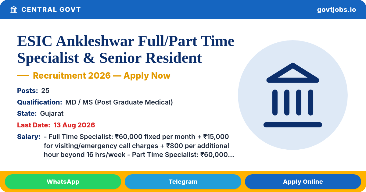 ESIC Ankleshwar Full/Part Time Specialist & Senior Resident Recruitment 2026 — 25 Posts, Walk-in 13 Aug (Gujarat)
