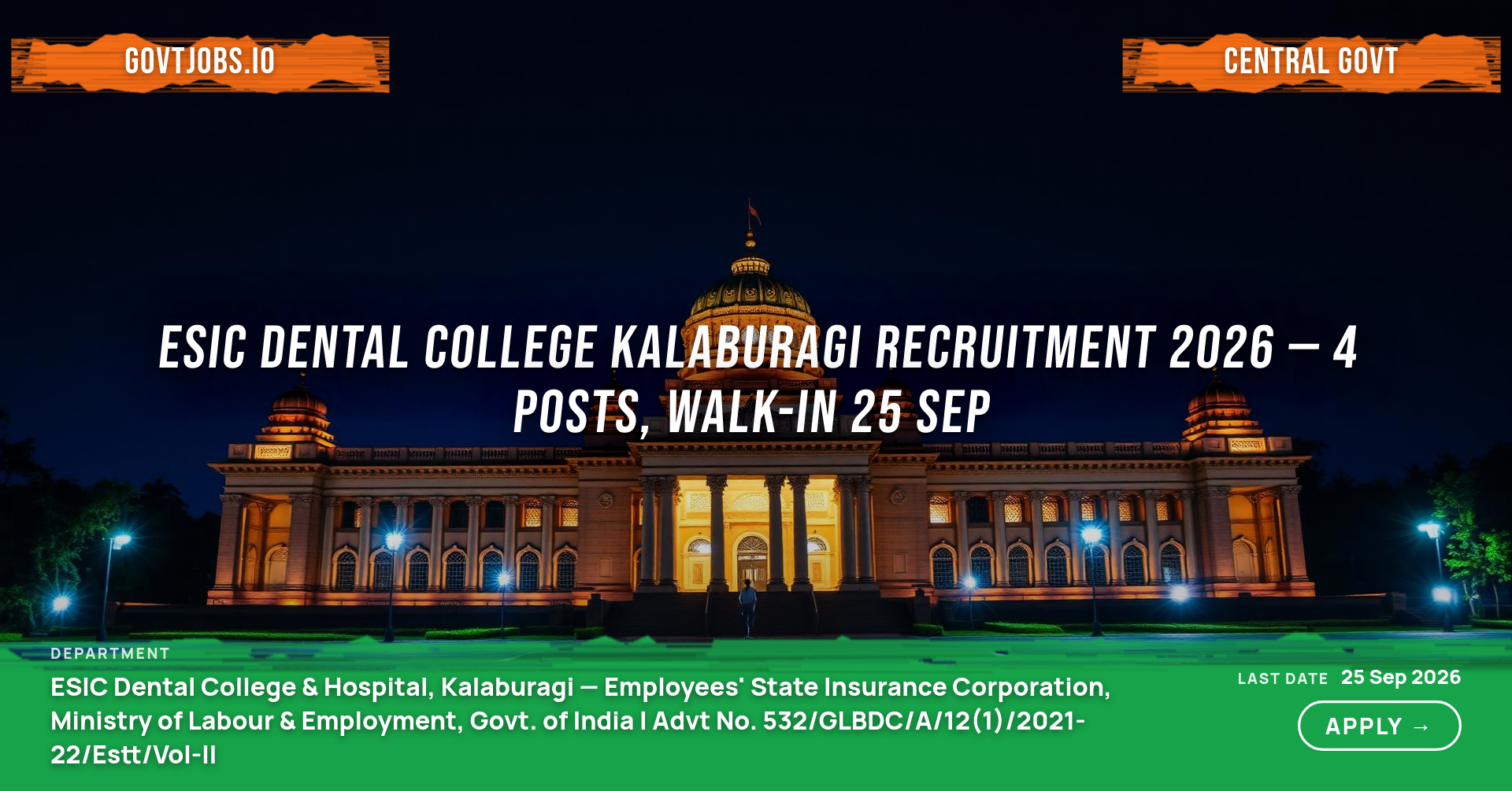ESIC Dental College Kalaburagi Recruitment 2026 — 4 Posts, Walk-in 25 Sep