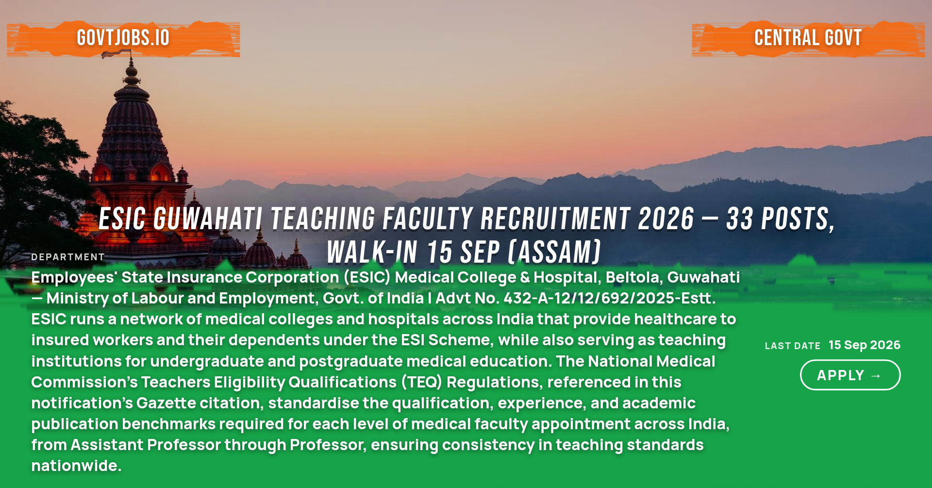 ESIC Guwahati Teaching Faculty Recruitment 2026 — 33 Posts, Walk-in 15 Sep (Assam)