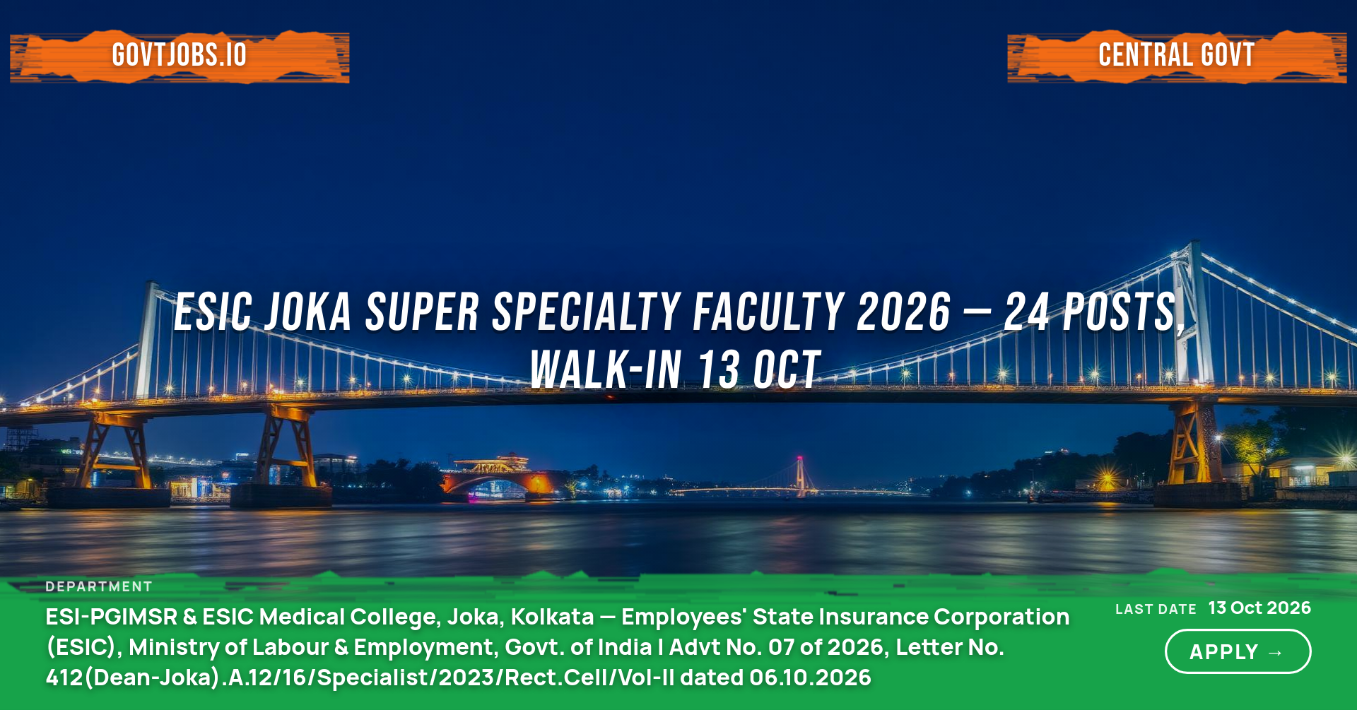 ESIC Joka Super Specialty Faculty 2026 — 24 Posts, Walk-in 13 Oct