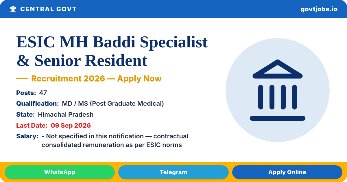 ESIC MH Baddi Specialist & Senior Resident Recruitment 2026 — 47 Posts, Walk-in 09 Sep