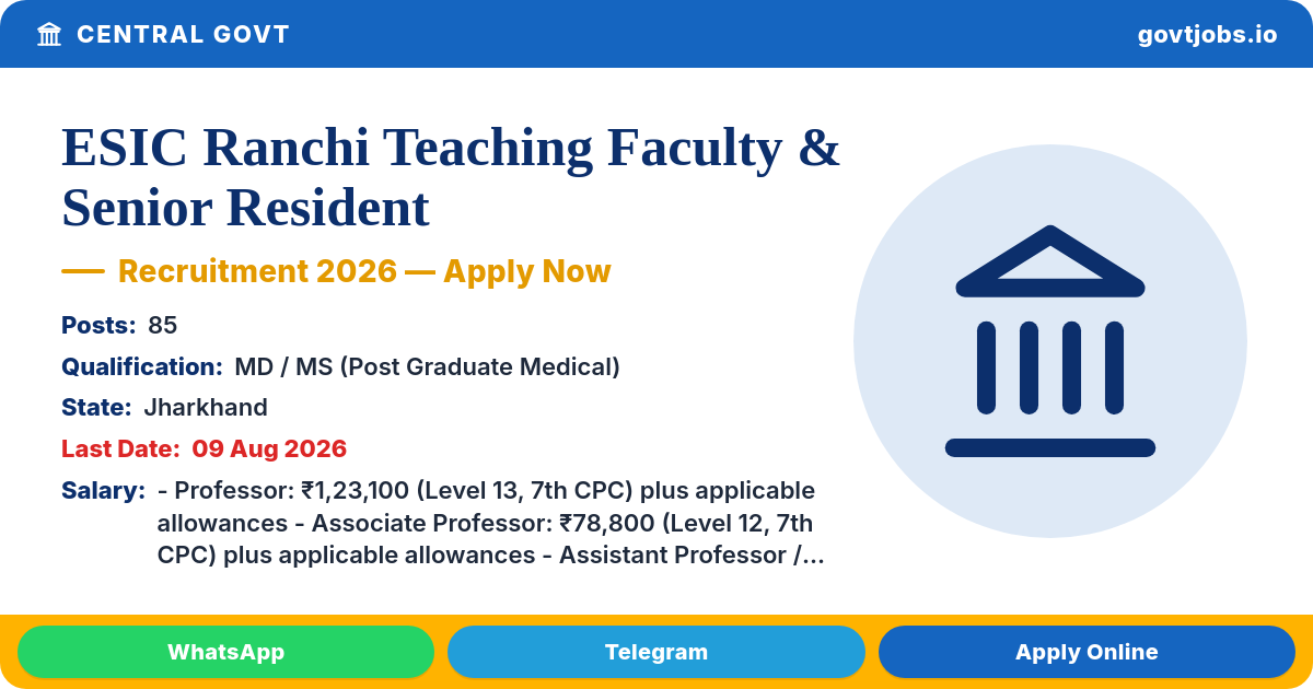 ESIC Ranchi Teaching Faculty & Senior Resident Recruitment 2026 — 85 Posts, Apply by 09 Aug (Jharkhand)