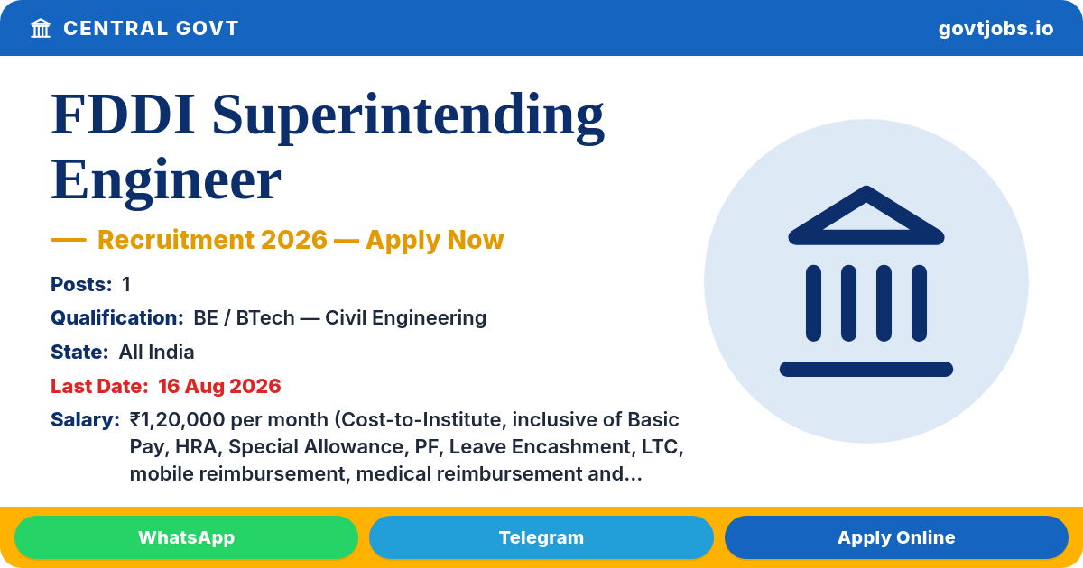 FDDI Superintending Engineer Recruitment 2026 — 1 Post, Apply by 16 Aug (All India)