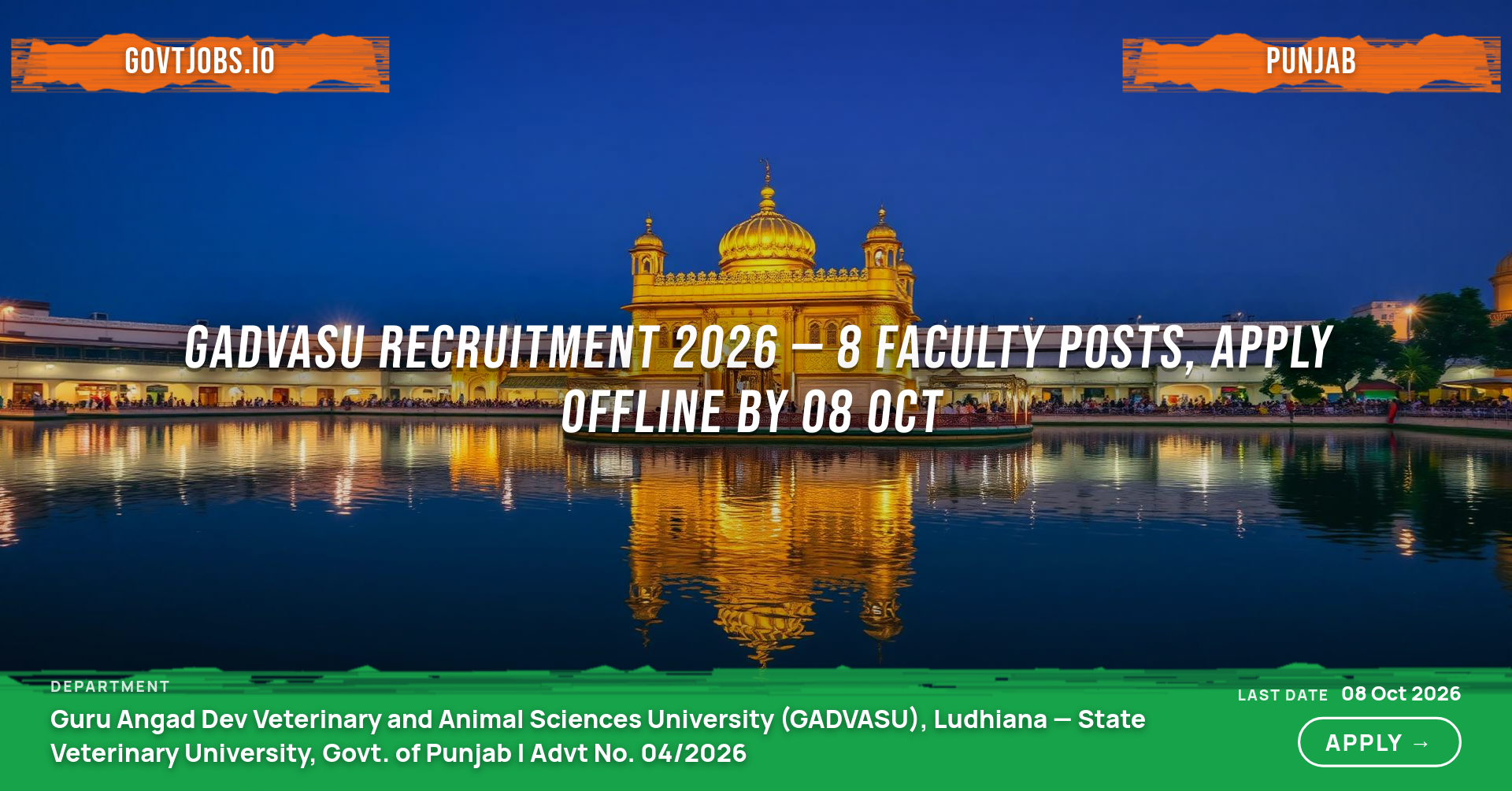 GADVASU Recruitment 2026 — 8 Faculty Posts, Apply Offline by 08 Oct