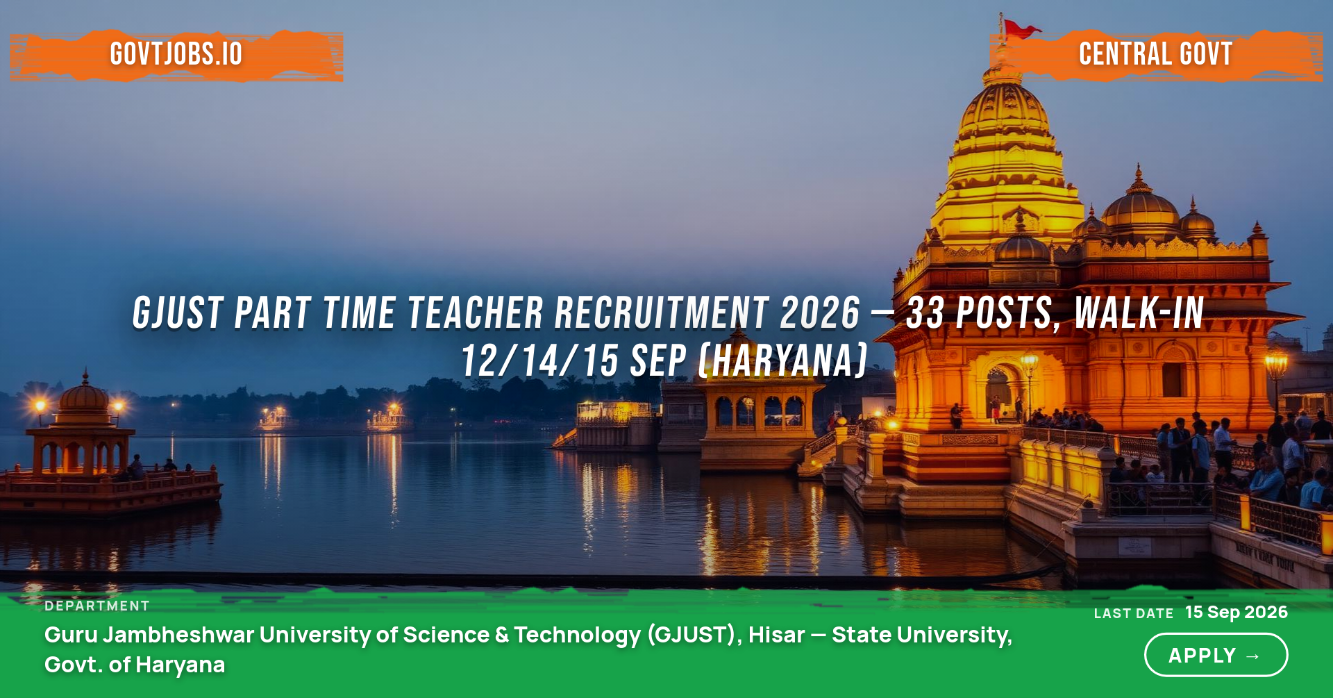 GJUST Part Time Teacher Recruitment 2026 — 33 Posts, Walk-in 12/14/15 Sep (Haryana)