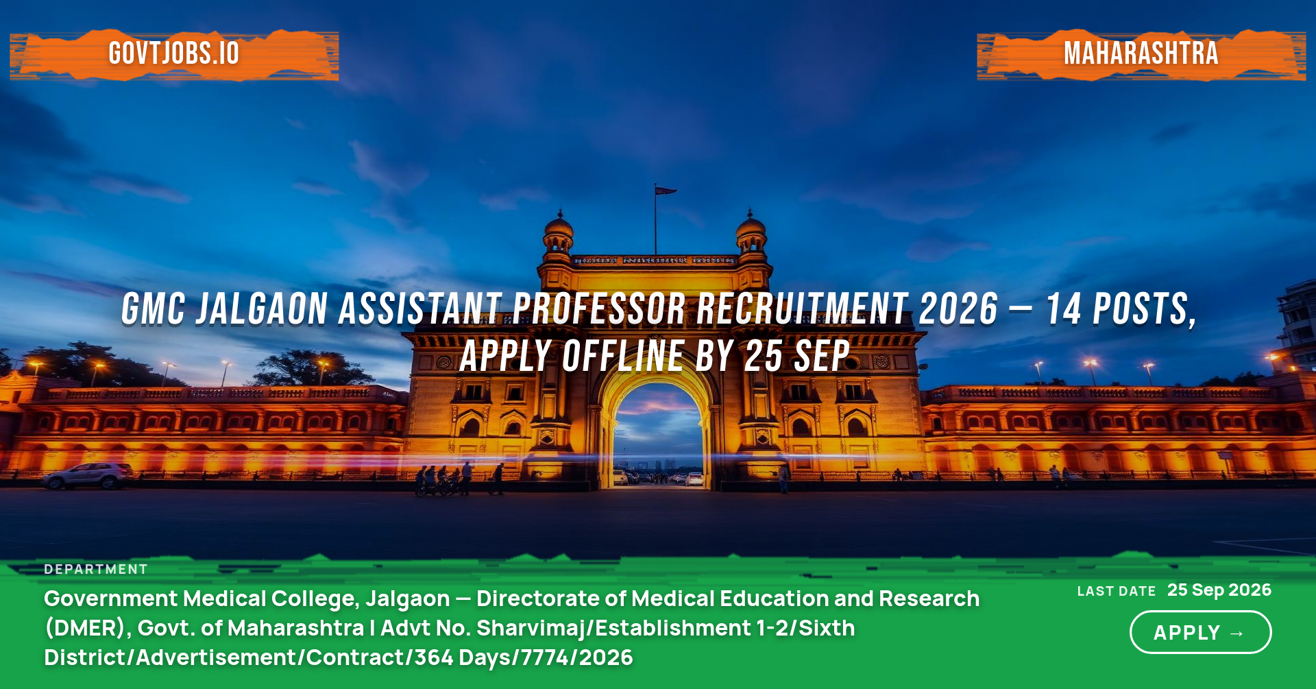 GMC Jalgaon Assistant Professor Recruitment 2026 — 14 Posts, Apply Offline by 25 Sep