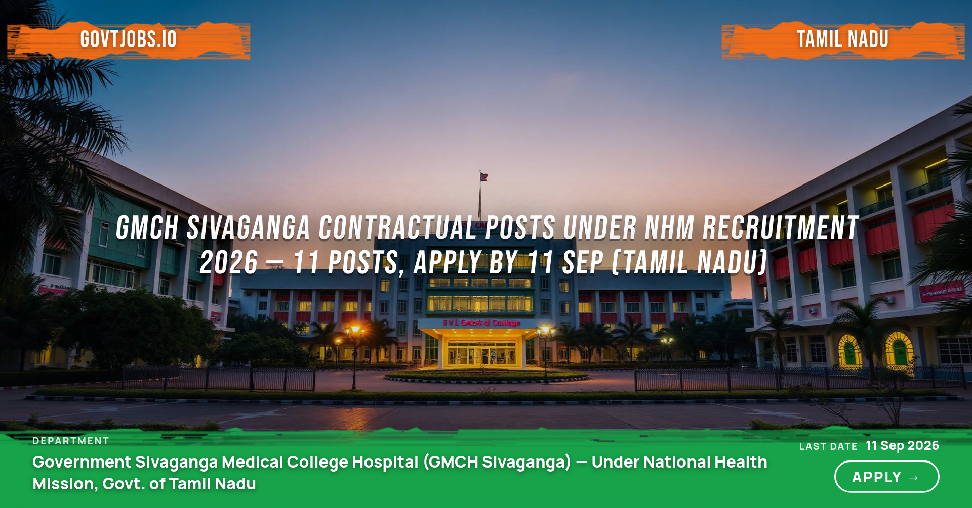 GMCH Sivaganga Contractual Posts under NHM Recruitment 2026 — 11 Posts, Apply by 11 Sep (Tamil Nadu)