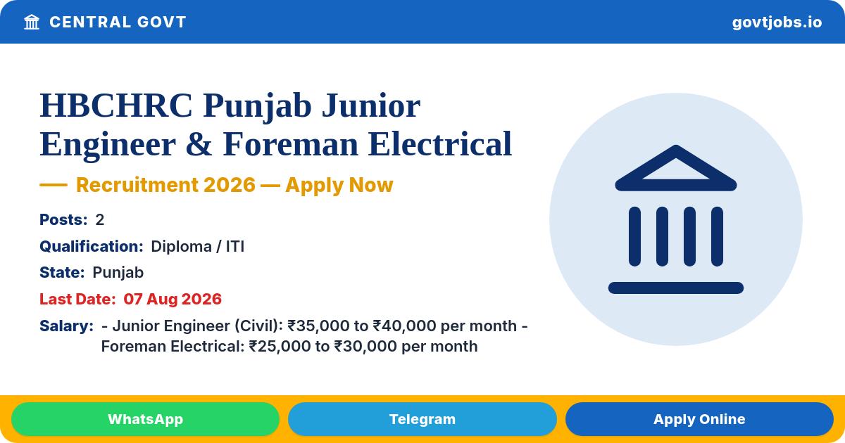 HBCHRC Punjab Junior Engineer & Foreman Electrical Recruitment 2026 — 2 Posts, Walk-in 07 Aug (Punjab)