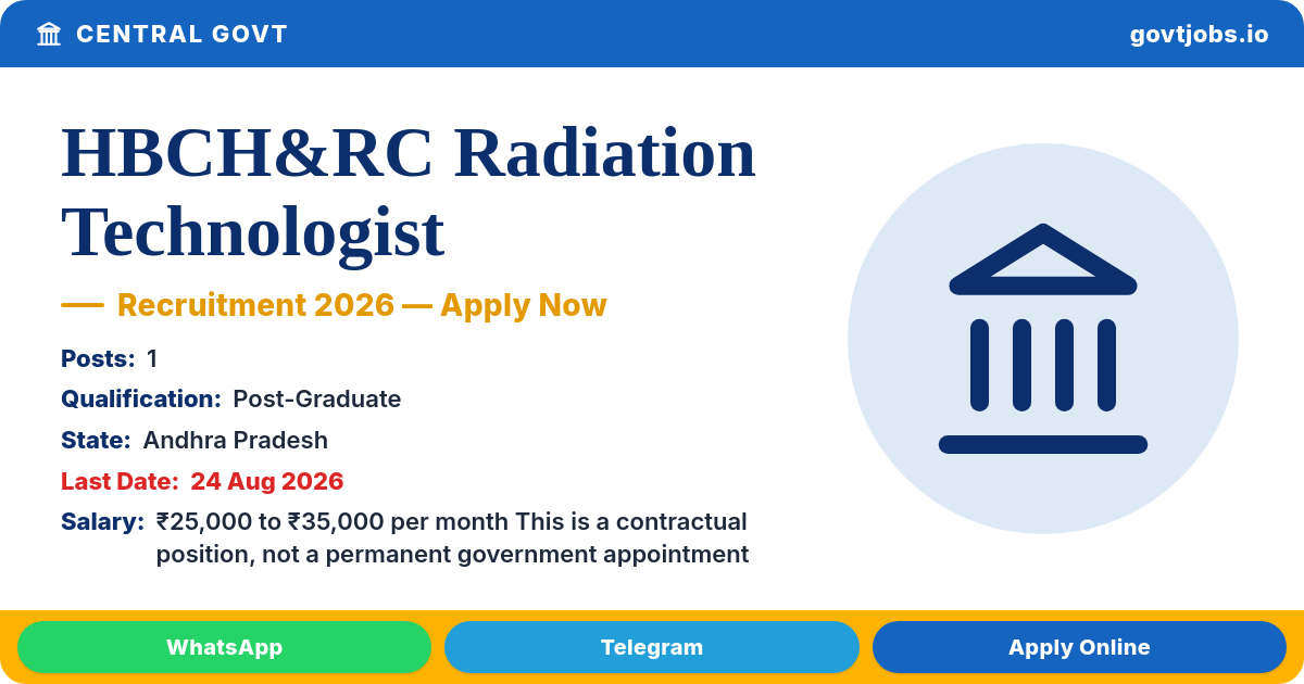 HBCH&RC Radiation Technologist 2026 — 1 Post, Walk-in 24 Aug
