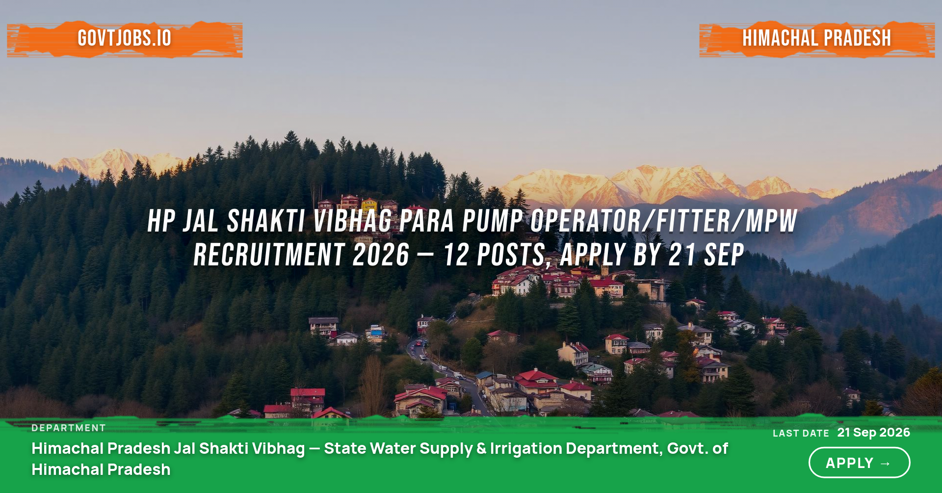 HP Jal Shakti Vibhag Para Pump Operator/Fitter/MPW Recruitment 2026 — 12 Posts, Apply by 21 Sep